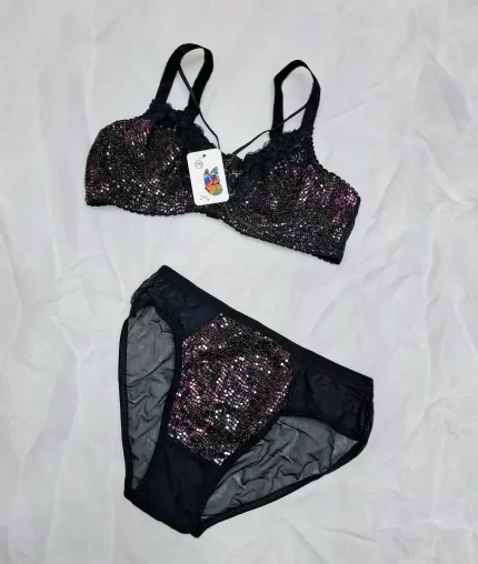 ست شورت و سوتین توری پولک دار و فنر دار